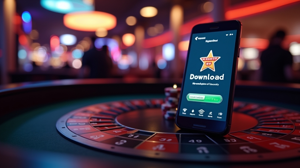 Smartphone mit Download-Seite in einer dunklen Casino-Atmosphäre
