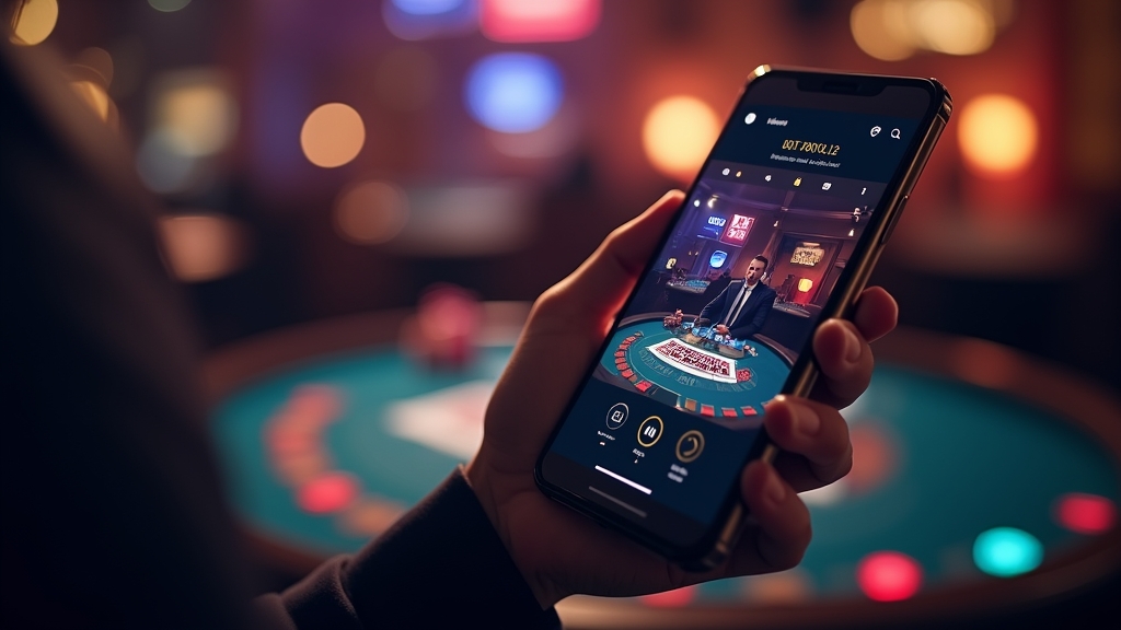 Handy mit Live-Casino-Oberfläche in dunkler Casino-Umgebung