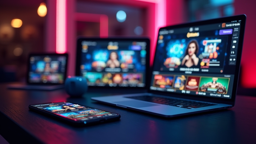 Smartphone, Tablet und Laptop mit Casino-Oberflächen in dunkler Umgebung
